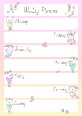 Haftalık Planlamacı. Küçük deniz kızı yavruları ve deniz yaratıklarıyla donatılmış şirin bir organizatör. Vektör 10 ESP.