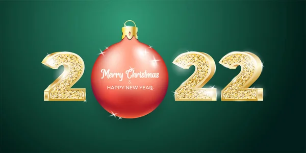 圣诞快乐和2022年新年快乐病媒模板 金色的3D数字和绿色背景的红色圣诞球 可用作贺卡 横幅或邀请函 — 图库矢量图片