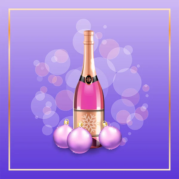 Beautiful Winter Holiday Background Web Illustration Champagne Bottle Christmas Balls — Stock Vector
