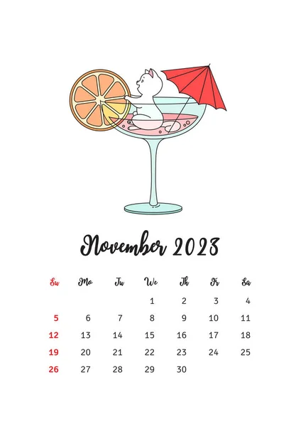 November 2023 Kalender Kalendervorlage Dekoriert Mit Einer Niedlichen Weißen Katze — Stockvektor