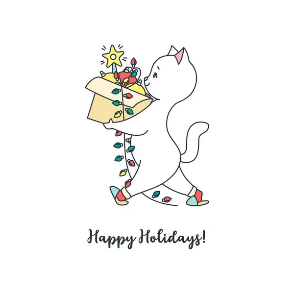 Ευτυχισμένες Γιορτές Ευχετήρια Κάρτα Εικονογράφηση Μιας Χαριτωμένης Λευκής Γάτας Που — Διανυσματικό Αρχείο