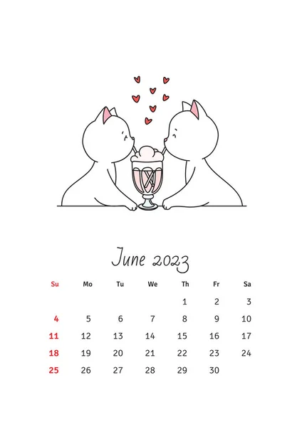 Junio 2023 Calendario Plantilla Calendario Decorada Con Lindo Gato Blanco — Vector de stock