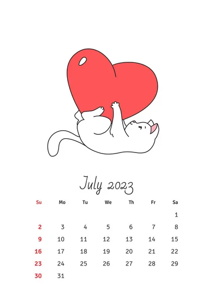 Календар 2023 Року Шаблон Календаря Прикрашений Милий Білий Кіт Коханні — стоковий вектор