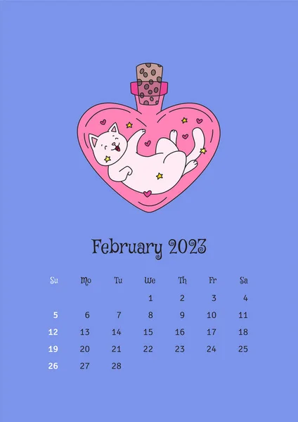 February 2023 Calendar Calendar Template Decorated Cute Cat Sitting Heart — Stockvektor