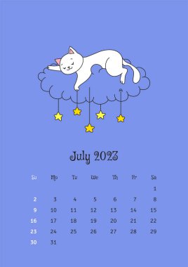 Temmuz 2023 takvimi. Takvim şablonu pembe bulutun üzerinde oturan sevimli beyaz bir kediyle süslenmiş ve yıldızları gökyüzüne koyuyor. Vektör illüstrasyonu 10 EPS.