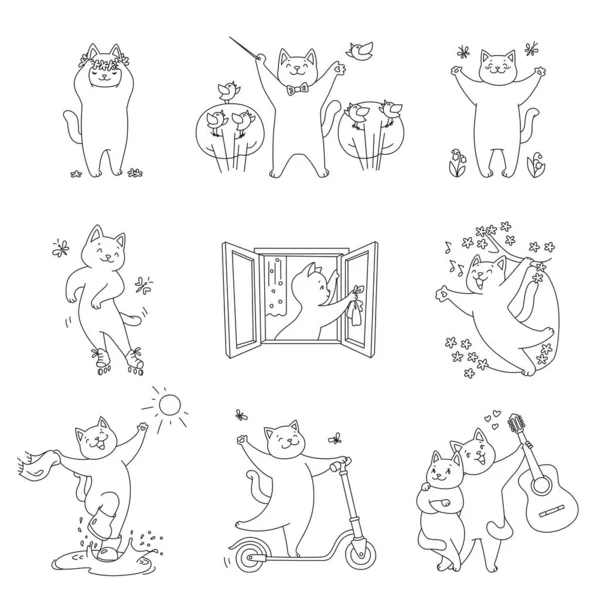 Collection Cute Kittens Enjoying Springtime Spring Illustrations Cute Cats Jumping — Vettoriale Stock