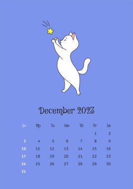 December 2023 calendar. Calendar template decorated with a cute white cat catching a star. Vector illustration 10 EPS.