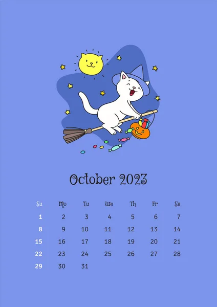 Οκτώβριος 2023 Ημερολόγιο Πρότυπο Ημερολόγιο Διακοσμημένο Ένα Αστείο Γάτα Καπέλο — Διανυσματικό Αρχείο