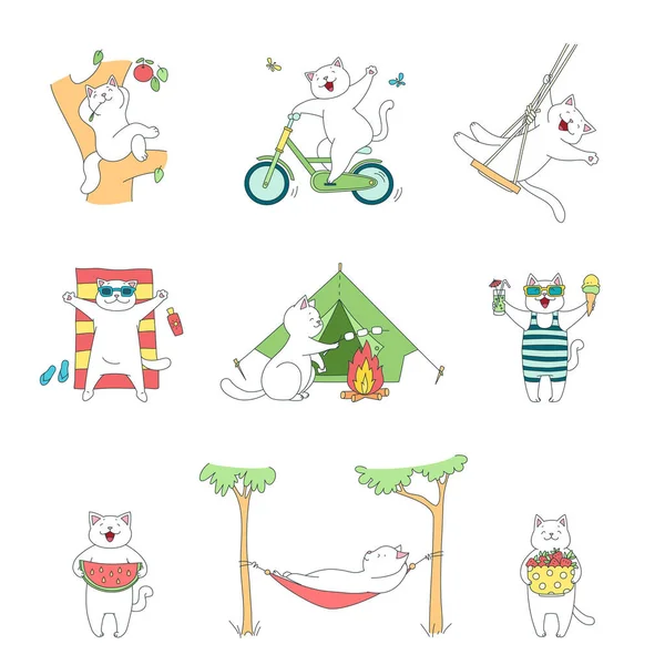 Collection Kittens Enjoying Summer Cute Illustrations Funny White Cats Sunbathing — Image vectorielle