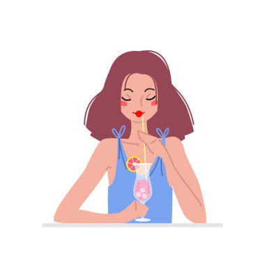 Kokteyl bardağıyla güzel bir kız. Mor elbiseli esmer kız pipetle pembe kokteyl içiyor. Düz biçimde çizilmiş vektör illüstrasyonu.