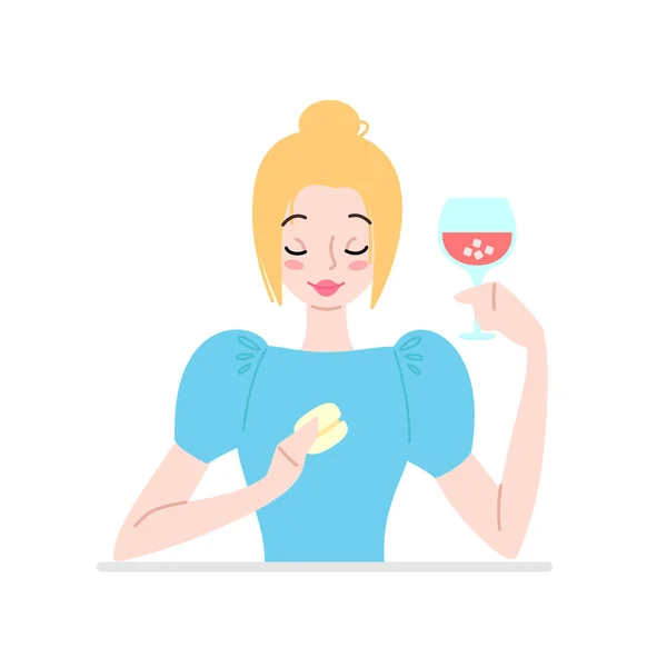 Beautiful Girl Enjoying Dessert Cocktail Cute Blond Girl Blue Dress — Stockvector