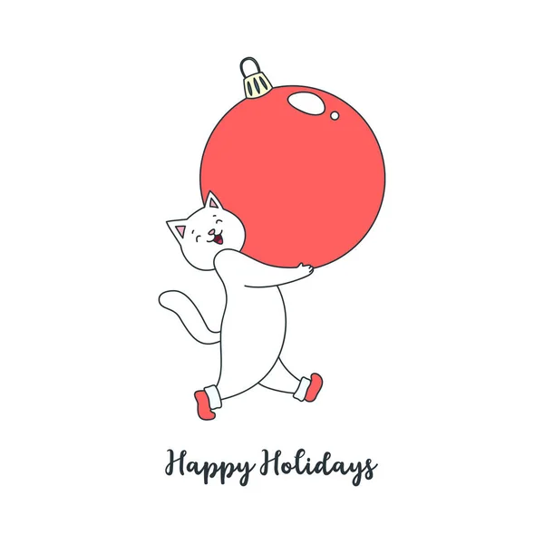 Joyeux Noël Carte Voeux Illustration Joli Chat Blanc Portant Une — Image vectorielle