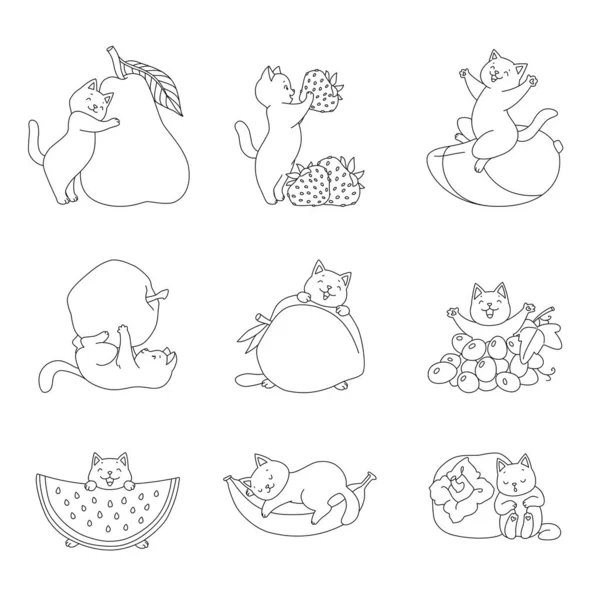 Collection Kittens Fruits Cute Illustrations Funny White Cats Playing Fruits — Vettoriale Stock