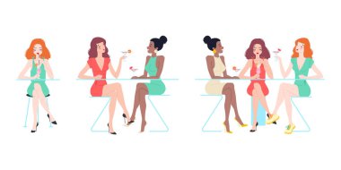 Bir gece kulübü ya da kafede kokteyl içen çok ırklı kızlar. Güzel elbiseli güzel genç kadınlar birlikte konuşuyor ve gülüyorlar. Kadınların arkadaşlık konsepti. Vektör illüstrasyonu.