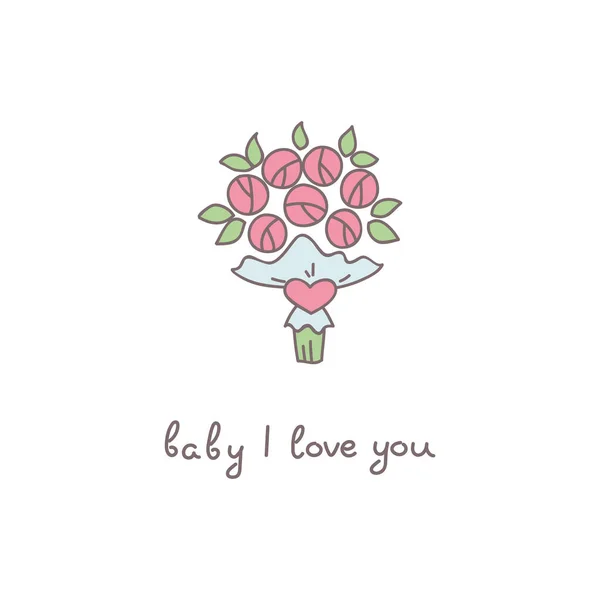 Ρομαντική Κάρτα Doodle Εικόνα Ενός Λουλουδιού Μπουκέτο Χειρόγραφη Κείμενο Μωρό — Διανυσματικό Αρχείο