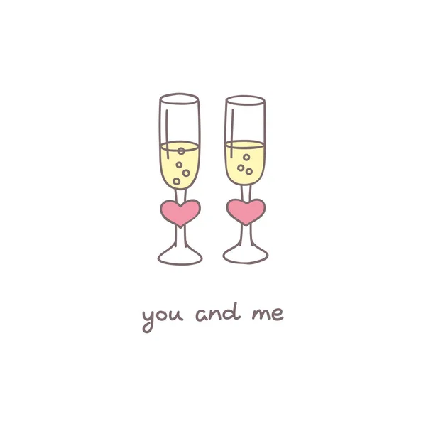 Carte Romantique Illustration Doodle Deux Verres Champagne Décorés Cœur Rose — Image vectorielle