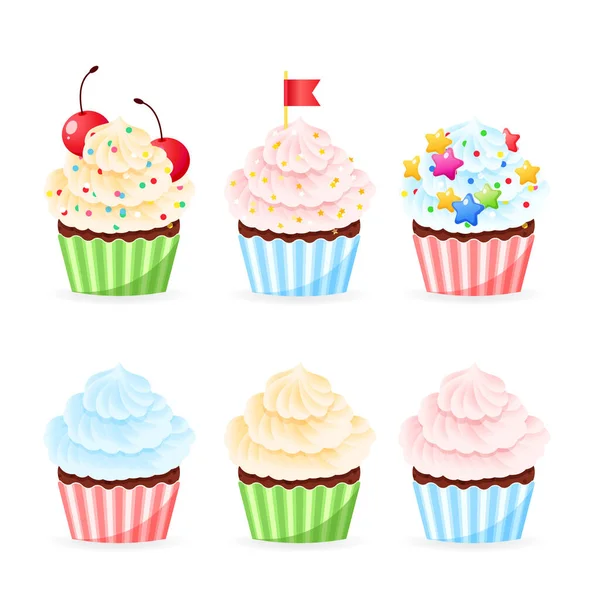 Ensemble Icônes Cupcake Dessin Animé Illustration Cupcakes Anniversaire Décorés Crème — Image vectorielle