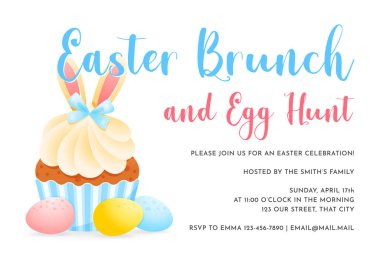 Paskalya Kahvaltısı ve Yumurta Avı davetiyesi. Tavşan kulağı ve renkli yumurtalarla süslenmiş kekin kibar çizgi film çizimi. Vektör 10 EPS.