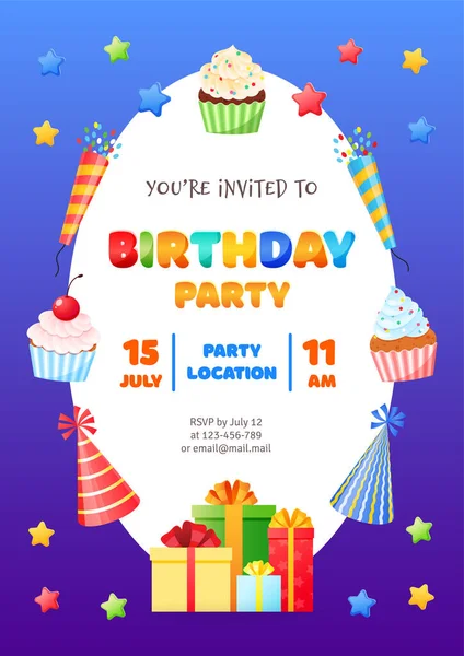Birthday Invitation Card Template Children Party Colorful Frame Cartoon Objects — Stock Vector