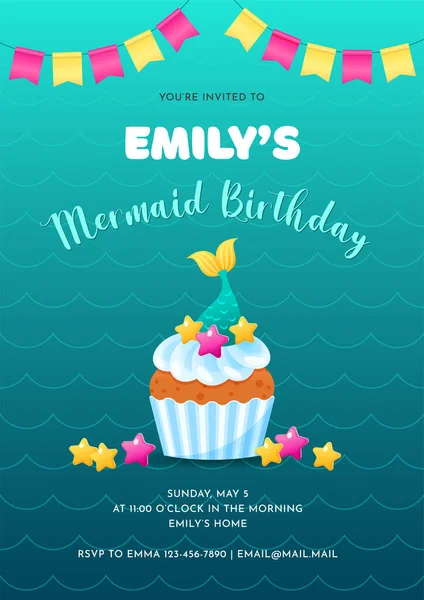 Çocuk partisi için doğum günü davetiyesi şablonu. Deniz kızı kuyruğu ve bayraklarla süslenmiş tatlı bir kek çizimi. Vektör 10 EPS.