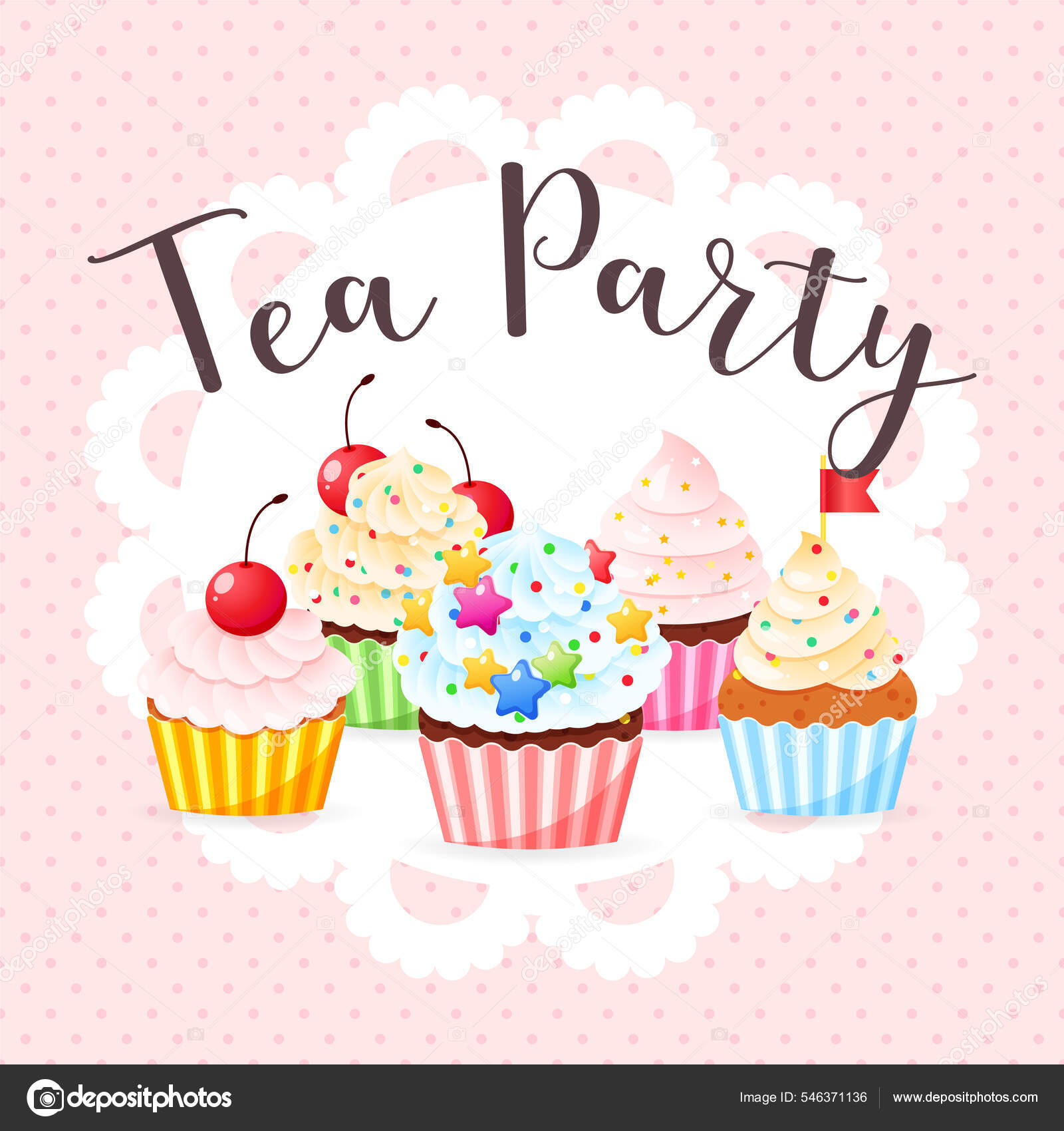 Plantilla Invitación Fiesta Estilo Dibujos Animados Ilustración Cupcakes  Decorados Con Vector de stock #546371136 de ©SlyBrowney, image size:1600x1700