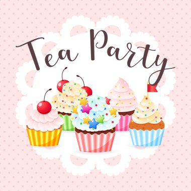 Çizgi film tarzında çay partisi davetiyesi şablonu. Pembe noktalı arka planda krema ve çikolata parçacıklarıyla süslenmiş kek tasviri. Vektör 10 EPS.