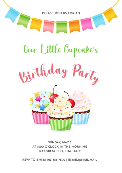 Birthday Invitation Card Template Children Party Our Little Cupcake Birthday — Stock Vector