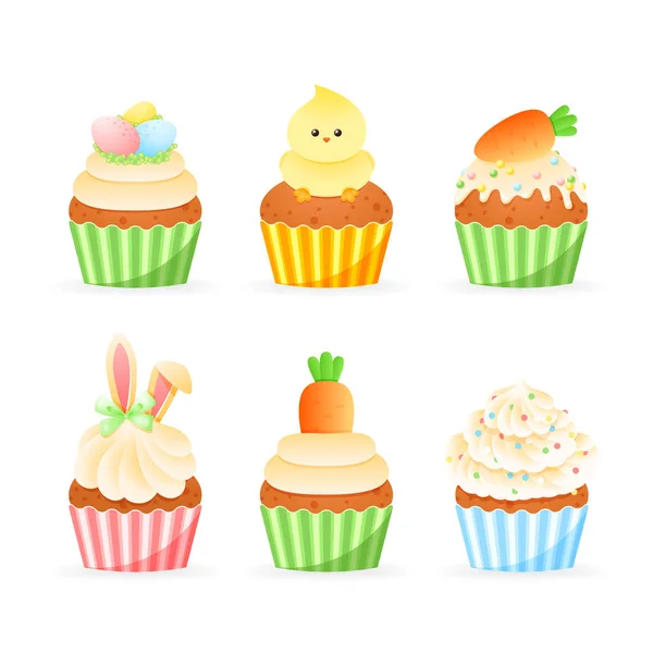 Set Icone Cupcake Pasqua Carino Illustrazioni Cartoni Animati Muffin Dolci — Vettoriale Stock