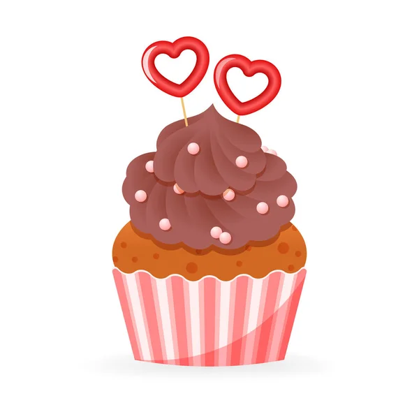 かわいいバレンタインデーのカップケーキのアイコン クリームと心で飾られた甘いマフィンの漫画のイラスト ベクトル10 Eps — ストックベクタ