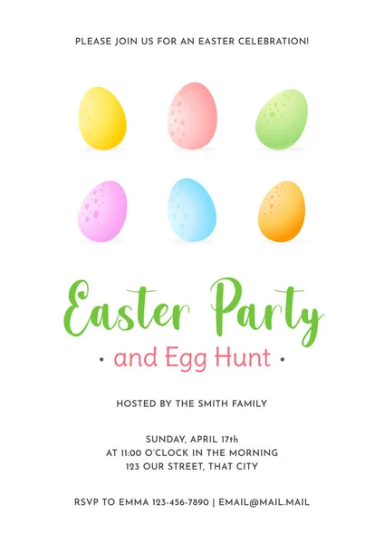 Easter Party Egg Hunt Invitation Template Gentle Cartoon Illustration Colorful — Stock Vector