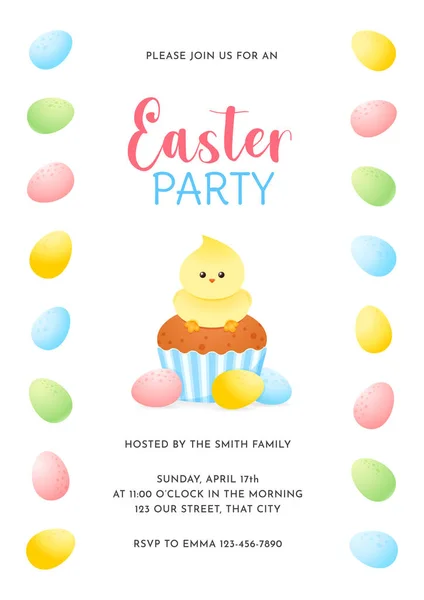 Easter Party Invitation Template Gentle Cartoon Illustration Cupcake Decorated Little — Stock Vector