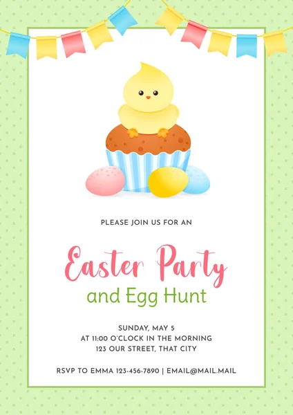 Easter Party Egg Hunt Invitation Gentle Cartoon Illustration Cupcake Decorated — Stock Vector