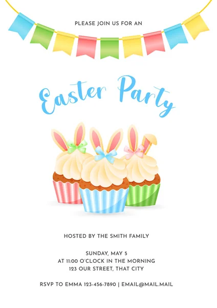 Easter Party Egg Hunt Invitation Gentle Cartoon Illustration Three Cupcakes — Stock Vector