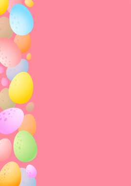 Yumurtaların Paskalya arkaplanı. Renkli çikolata yumurtalarının karikatür çerçevesi pembe arka planda. Vektör 10 EPS.