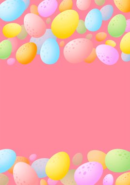 Yumurtaların Paskalya arkaplanı. Renkli çikolata yumurtalarının karikatür çerçevesi pembe arka planda. Vektör 10 EPS.
