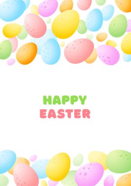 Mutlu Paskalya tebrik kartları. Beyaz arka planda renkli yumurtaların çizgi film arkaplanı. Vektör 10 EPS.