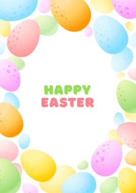 Mutlu Paskalya tebrik kartları. Beyaz arka planda renkli yumurtaların çizgi film arkaplanı. Vektör 10 EPS.
