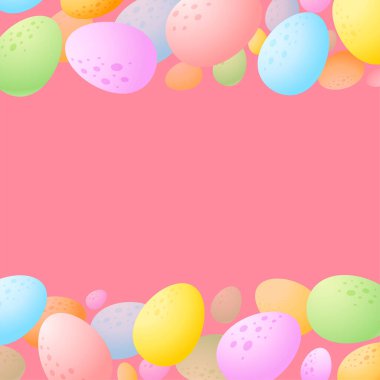 Yumurtaların Paskalya arkaplanı. Renkli çikolata yumurtalarının karikatür çerçevesi pembe arka planda. Vektör 10 EPS.