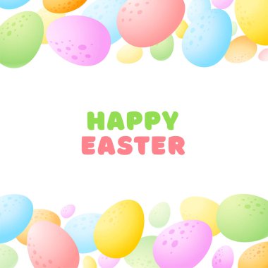 Mutlu Paskalya tebrik kartları. Beyaz arka planda renkli yumurtaların çizgi film arkaplanı. Vektör 10 EPS.