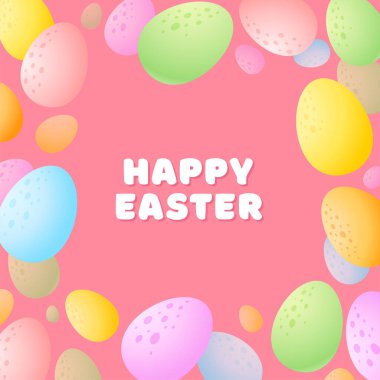 Mutlu Paskalya tebrik kartları. Pembe arka planda renkli yumurtaların çizgi film arkaplanı. Vektör 10 EPS.