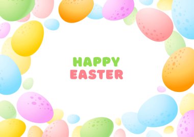 Mutlu Paskalya tebrik kartları. Beyaz arka planda renkli yumurtaların çizgi film arkaplanı. Vektör 10 EPS.