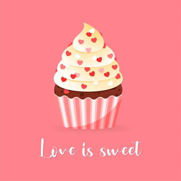 爱情是甜蜜的卡片 用奶油和心脏装饰的纸杯蛋糕的卡通画 情人节的概念 病媒10 Eps — 图库矢量图片