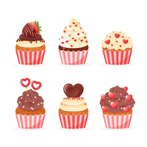 Set Carino Icona San Valentino Cupcake Illustrazione Cartone Animato Muffin — Vettoriale Stock
