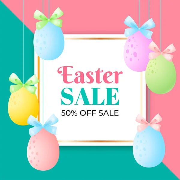 Bright Easter Background Eggs Spring Sale Banner Template Border Colorful — Stock Vector