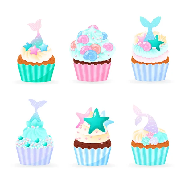Set Icone Cupcake Cartone Animato Illustrazioni Compleanno Muffin Dolci Decorati — Vettoriale Stock