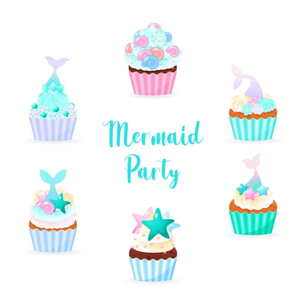 Mermaid Party Card Illustrations Birthday Cupcakes Decorated Cream Sea Shells — Stock Vector