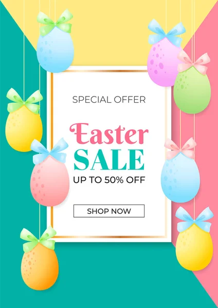 Bright Easter Background Eggs Spring Sale Banner Template Border Colorful — Stock Vector