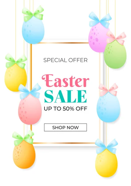 Bright Easter Background Eggs Spring Sale Banner Template Border Colorful — Stock Vector