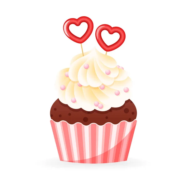 Lindo Día San Valentín Cupcake Icono Dibujos Animados Ilustración Magdalena — Archivo Imágenes Vectoriales