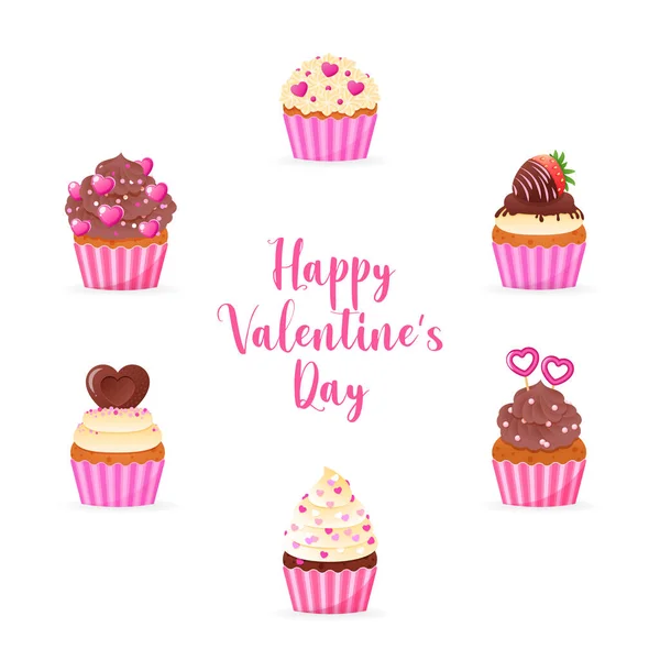 Bonne Carte Saint Valentin Décorée Cupcakes Dessin Animé Collection Muffins — Image vectorielle